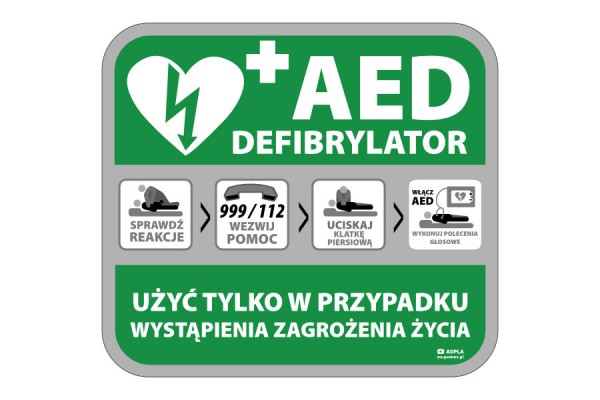 tablica aed defibrylator wewnętrzna zielono-szara 600 x 540 mm adpla znaki i instrukcje 2