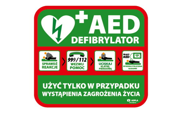 tablica aed defibrylator wewnętrzna zielono - czerwona 390 x 350 mm adpla znaki i instrukcje 2