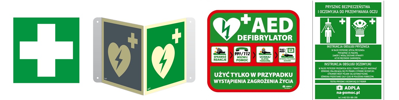 Znaki BHP pierwsza pomoc AED